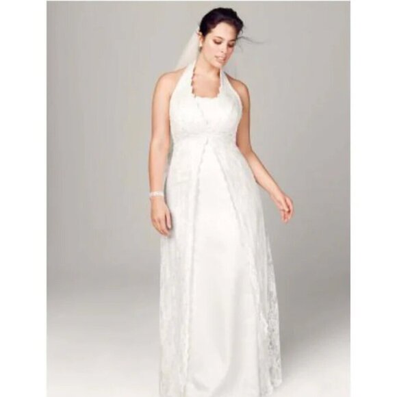 David's Bridal SZ 22 Ivory Lace Halter Cut Empire Waist Wedding Gown Romantic - Picture 1 of 13